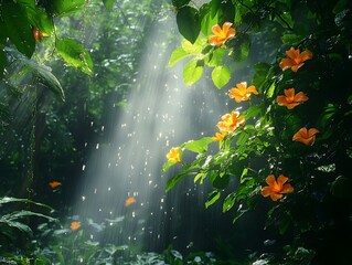 Lush Rainforest Canopy with Vibrant Waterfall and Exotic Flora and Fauna