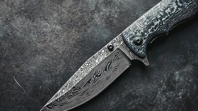 High-quality damascus knife resting on a textured surface highlighted with intricate patterns and design elements