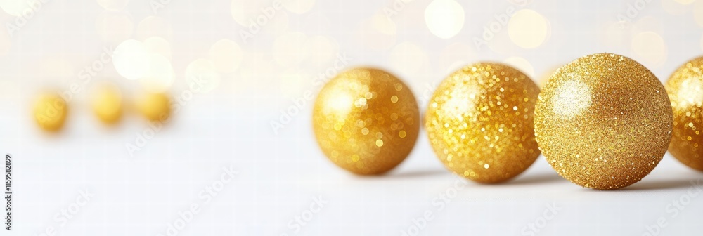 Aufkleber shining golden balls arranged on a white surface with a soft bokeh background