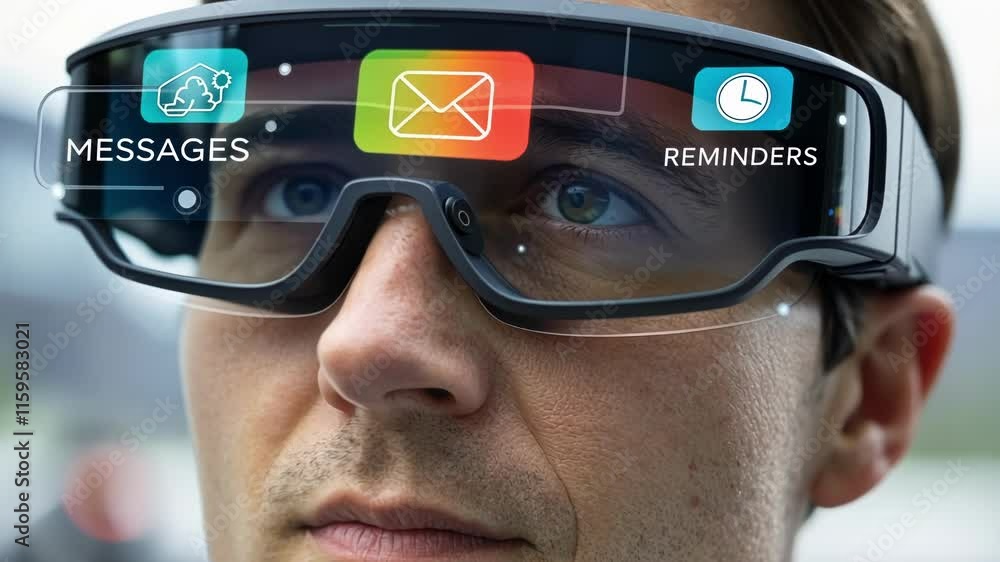Poster advanced augmented reality glasses displaying interactive digital interface with messaging, email, a
