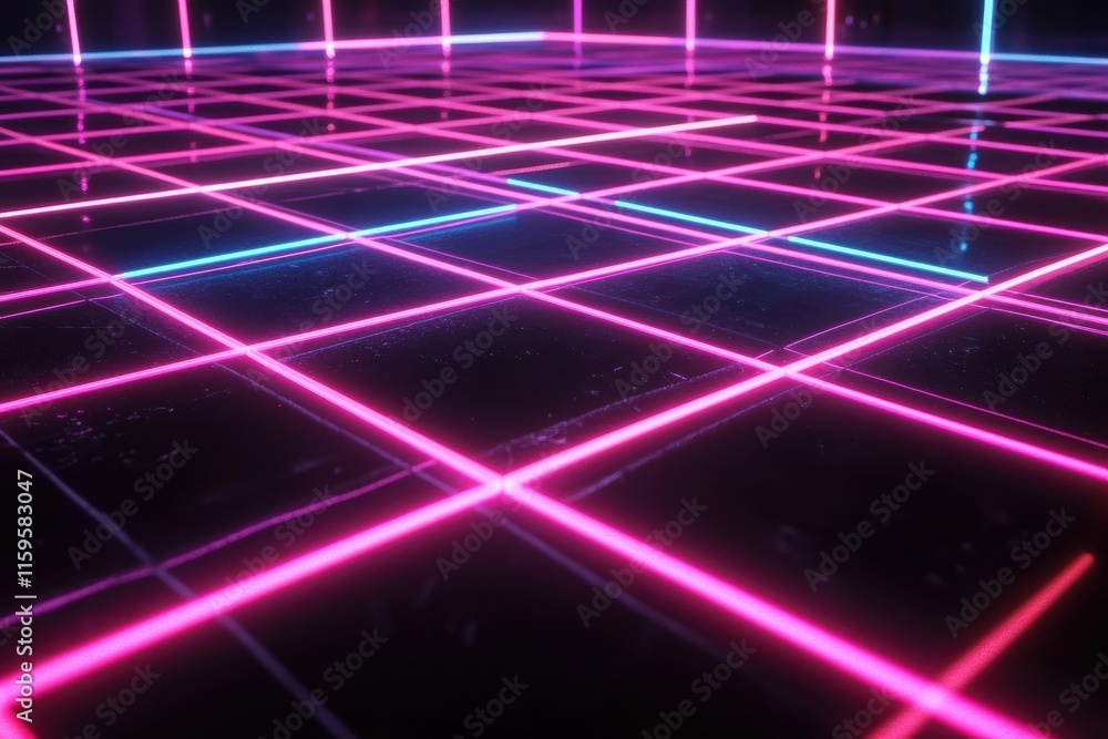 Poster graphical grid featuring vibrant neon lines on a black background creating a digital ambiance
