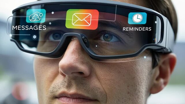 Advanced augmented reality glasses displaying interactive digital interface with messaging, email, and reminder icons near user's eye level, representing cutting edge communication technology