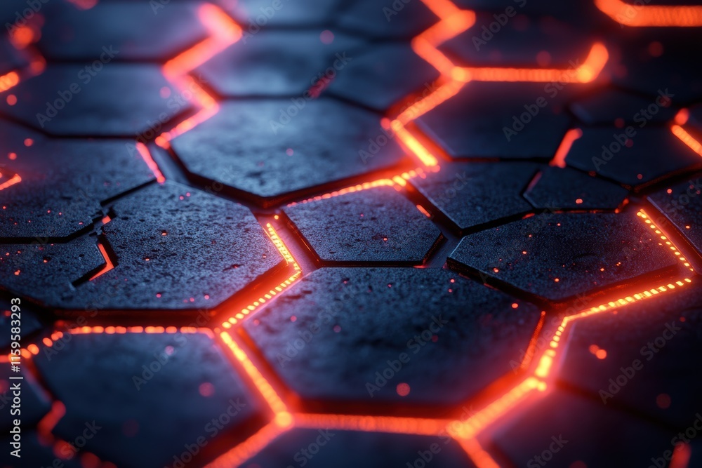 Poster hexagonal patterns illuminated by vibrant lighting effects create a futuristic atmosphere