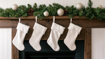 Cozy holiday decor white stockings on mantel home photography festive close-up christmas spirit