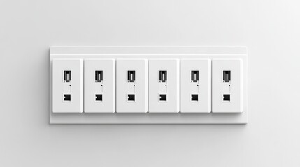 Modular switchboard with an electrical outlet interchangeable on a white wall rendered in 3D