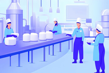 Obraz premium Skilled workers carefully shape cheese in a bright, contemporary dairy production environment