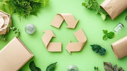 A vibrant green background features a recycling symbol surrounded by natural elements and eco-friendly packaging materials.