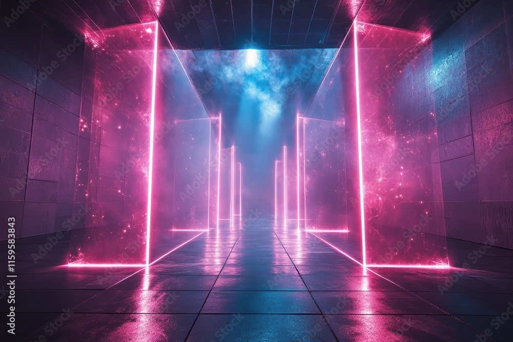 Poster laser beams create intricate patterns in a modern space with vibrant colors