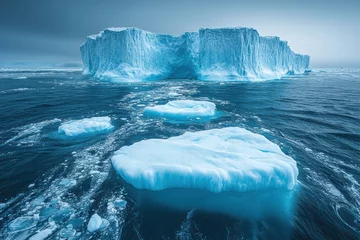 Fototapete Rund Melting glaciers reveal stark beauty of Arctic icebergs against open water © Oleksandr