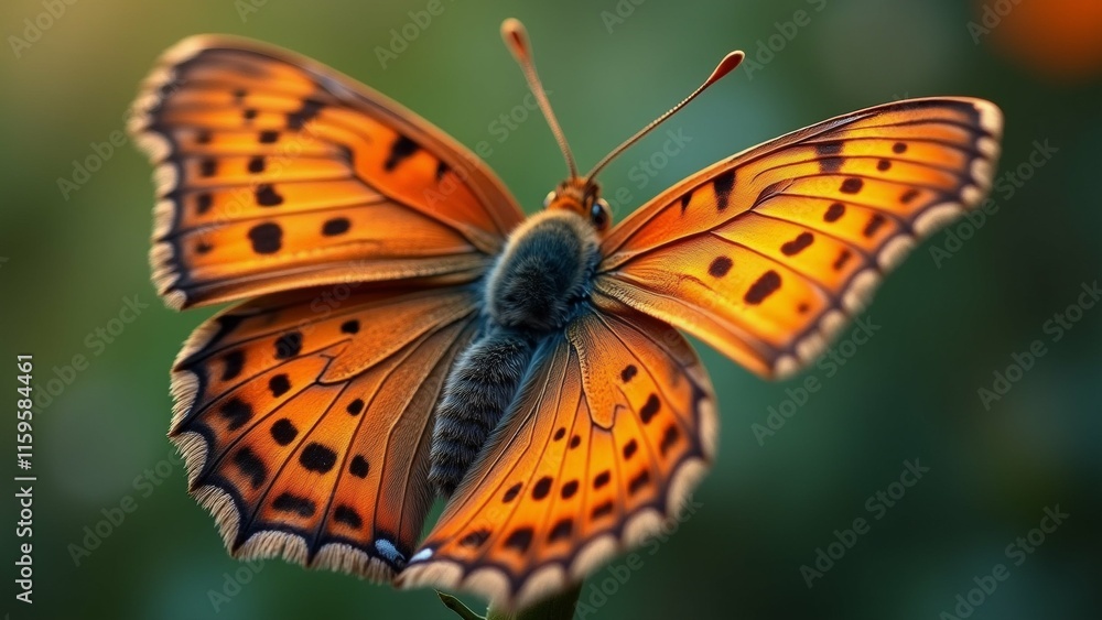 Poster the image is a close-up of a butterfly resting on a stem. the butterfly has a distinctive orange and