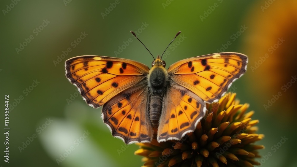 Poster the image is a close-up of a butterfly resting on a yellow flower. the butterfly has a distinctive o
