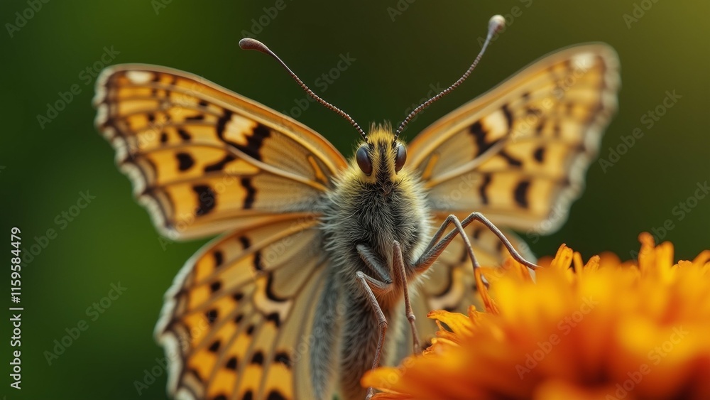Poster the image is a close-up of a butterfly resting on a yellow flower. the butterfly has a distinctive o