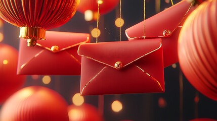 A dynamic shot of red envelopes being thrown into the air, golden details glowing as they catch the light, blurred vibrant red and gold decorations in the background, festive and energetic banner