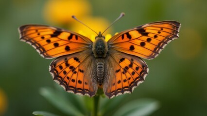 The image is a close-up of a butterfly resting on a green leaf. The butterfly has a distinctive orange and black pattern on its wings, with small black spots scattered across its body.