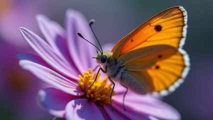 Obraz premium The image is a close-up of a butterfly resting on a pink flower. The butterfly has a bright orange body with black markings on its wings and antennae.