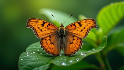Obraz premium The image is a close-up of a butterfly resting on a green leaf. The butterfly has orange wings with black spots, and its body is facing towards the right side of the image.