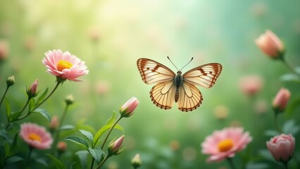 The image is a close-up of a butterfly resting on a pink flower. The butterfly has a white body with brown stripes on its wings and antennae. It is facing towards the right side of the image.