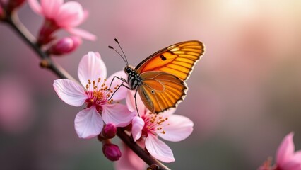 Obraz premium The image is a close-up of a butterfly resting on a pink flower. The butterfly has orange wings with black spots and a white body. It is perched on a thin branch with small pink flowers and buds.