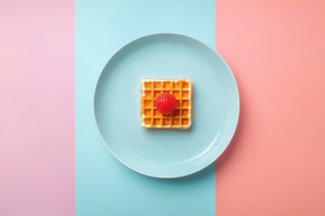 A single waffle with a raspberry on a plate