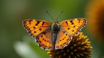 Obraz premium The image is a close-up of a butterfly resting on a yellow flower. The butterfly has a distinctive orange and black pattern on its wings, with small black spots scattered across its body.