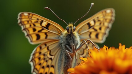 Obraz premium The image is a close-up of a butterfly resting on a yellow flower. The butterfly has a distinctive orange and black pattern on its wings, which are spread out in a fan-like shape.
