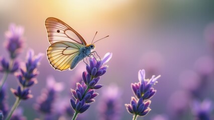 Fototapeta premium The image is a close-up of a butterfly resting on a lavender flower. The butterfly has a white body with orange and yellow wings, and its antennae are visible.