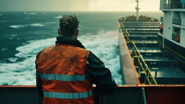 Experienced sailor wearing high visibility jacket standing on cargo ship deck, carefully monitoring threatening stormy ocean conditions and maritime navigation challenges