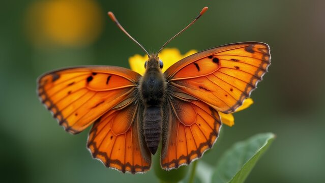 The image is a close-up of a butterfly resting on a yellow flower. The butterfly has orange wings with black spots and a black body.