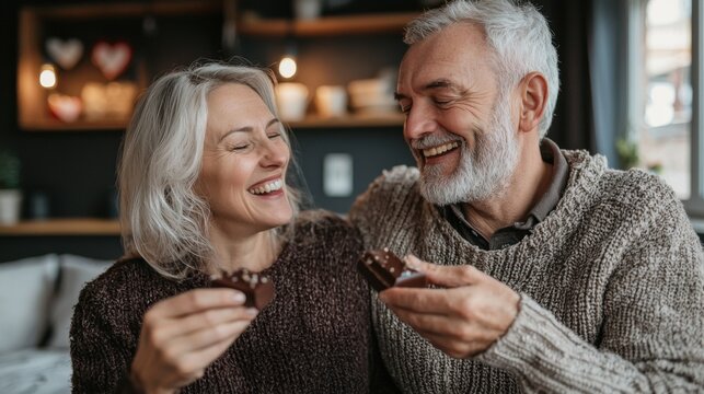 Love, happy couple eat chocolate in bedroom and care with smiling or laughing. Valentines day, married people sharing sweet snack and spending quality time in their home and romance or caring