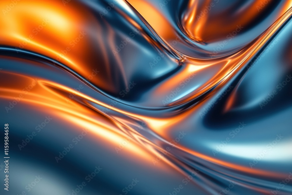Poster glossy abstract waves with vibrant orange and blue hues flowing seamlessly across the surface. gener
