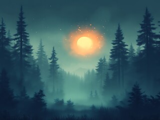 Misty Forest Night Scene With Glowing Moon
