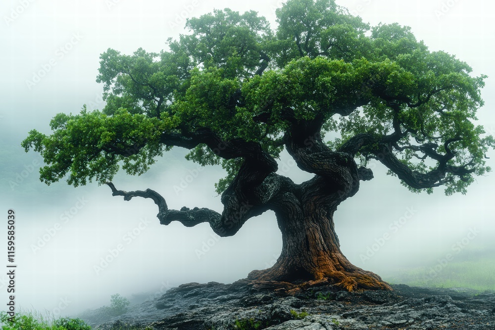 Poster old oak tree stands resilient in dense fog showcasing intricate bark texture and lush greenery