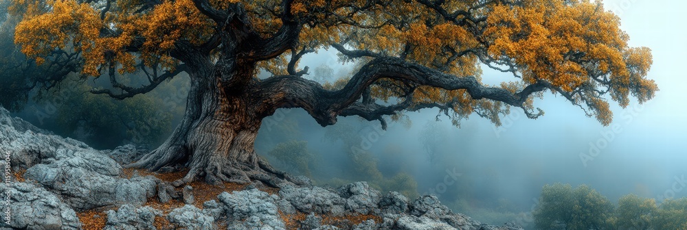 Poster old oak tree with intricate bark stands in dense fog under autumn foliage