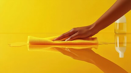 A hand wiping a yellow glass surface with a yellow microfiber cloth, with a bottle in the background