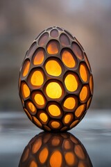 A glowing decorative egg-shaped lamp with intricate honeycomb patterns, emitting warm light, AI