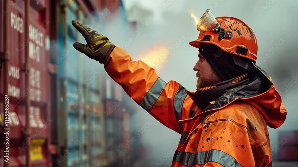Poster experienced dockworker wearing a high visibility orange jacket and safety helmet with headlamp, poin