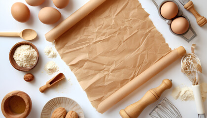 Sheet of brown baking paper on white background, top view
