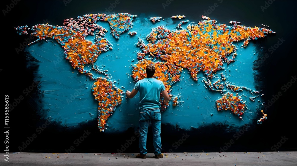 Aufkleber supply chain strategy session, a worker analyzes a detailed map, identifying pathways and connection