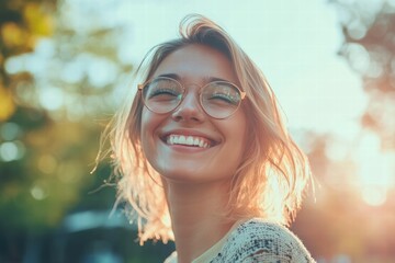 Smiling woman enjoys a warm sunset while sharing a moment of connection outdoors