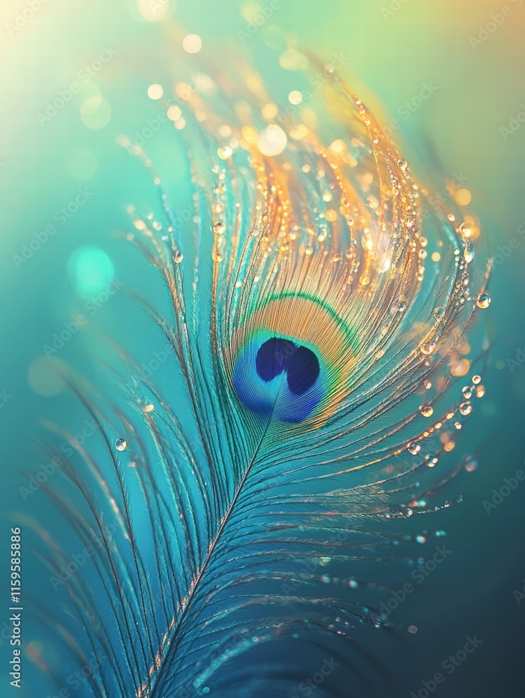 Poster close up of a peacock feather adorned with dew drops showcasing vibrant colors and tranquil backgrou