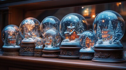 Whimsical Collection of Snow Globes Displayed on a Wooden Shelf