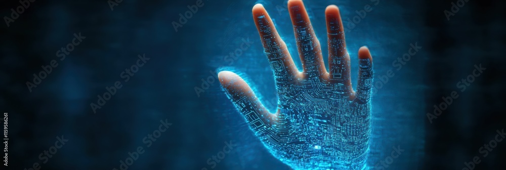 Poster biometric hand silhouette with glowing digital patterns in a modern technology setting
