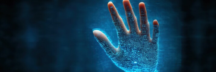 Biometric hand silhouette with glowing digital patterns in a modern technology setting
