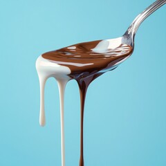 Melted milk and dark chocolate dripping from a spoon.