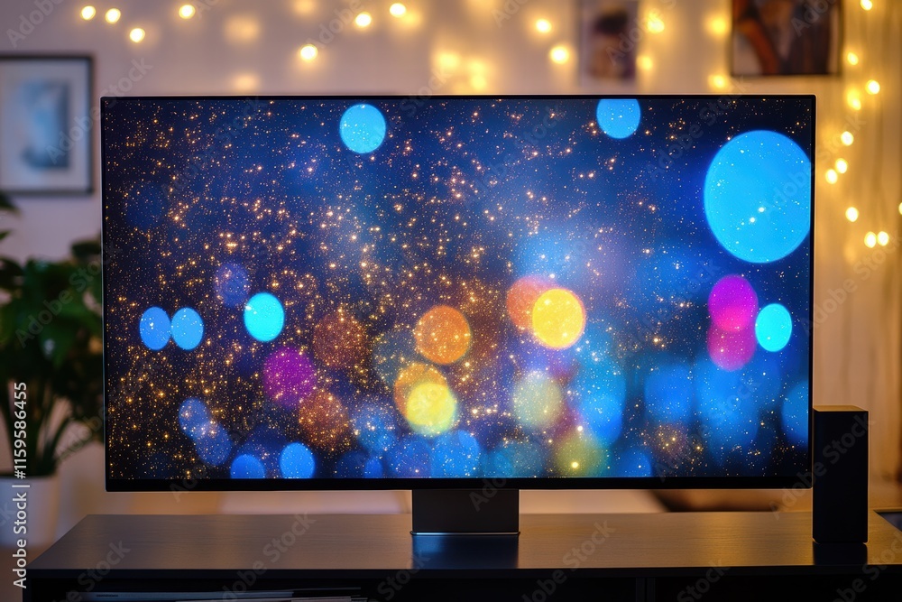 Poster display of colorful pixel noise art with vibrant bokeh effects in a cozy indoor setting