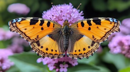 Obraz premium Monarch butterfly resting on pink flowers in a garden during the warm afternoon