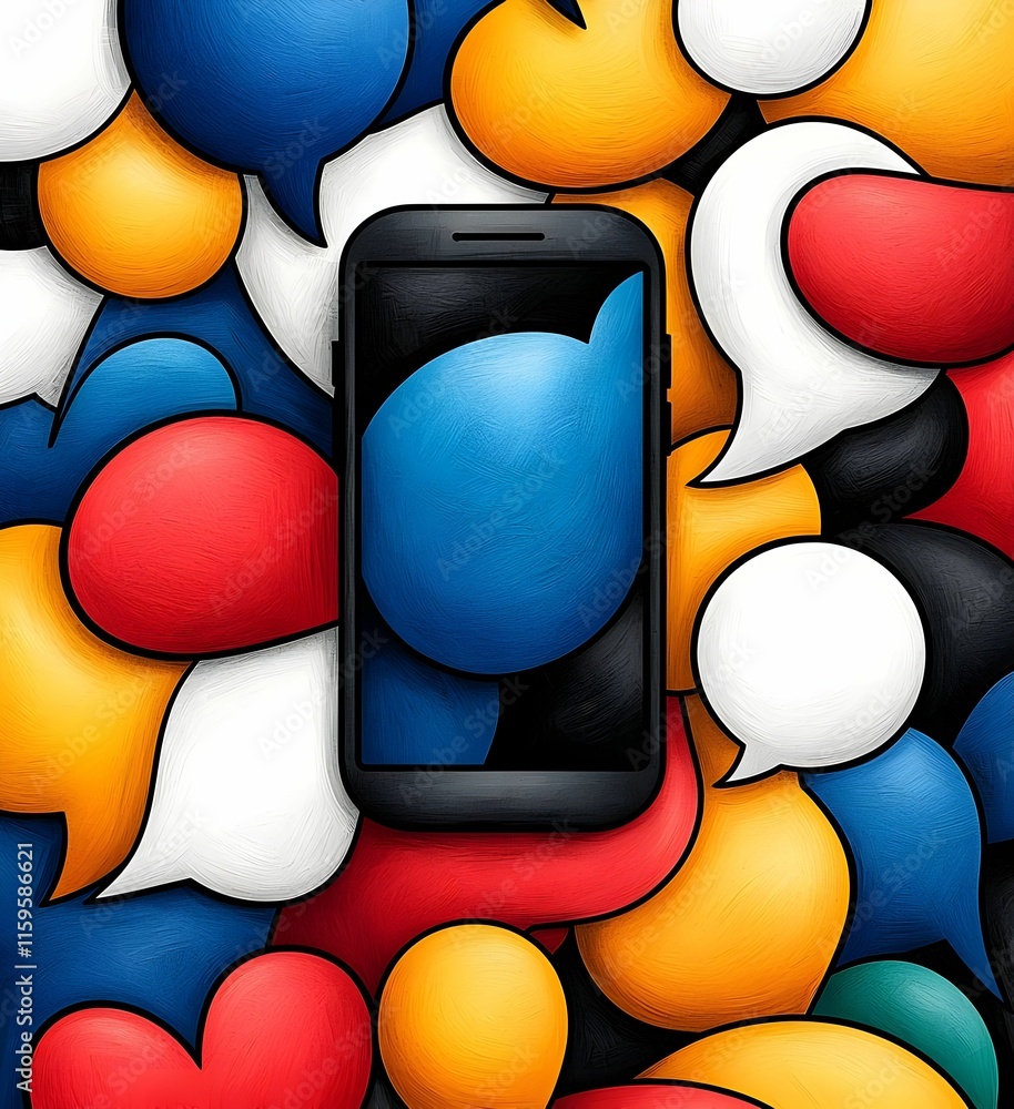 Poster abstract representation of social dynamics, vibrant colors intertwining, figures engaging in dialogu
