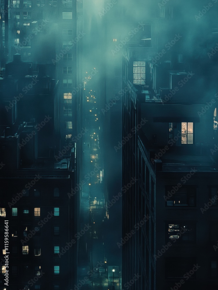 Aufkleber dark cityscape with few illuminated windows shows life in a quiet urban environment at night. genera
