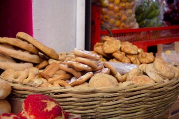 Authentic mexican pastry market stall at rural Jalisco, close-up.