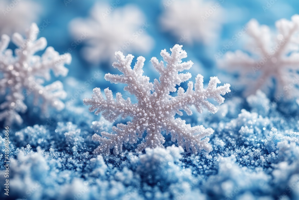 Poster unique snowflakes create a beautiful pattern against a soft blue gradient background in winter